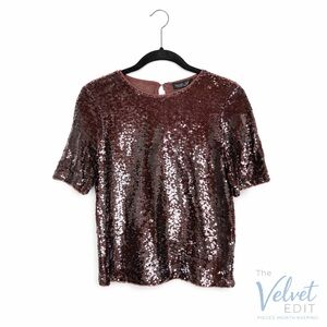 Rachel Zoe Sequin Top Espresso Plum Short Sleeve XS NWT